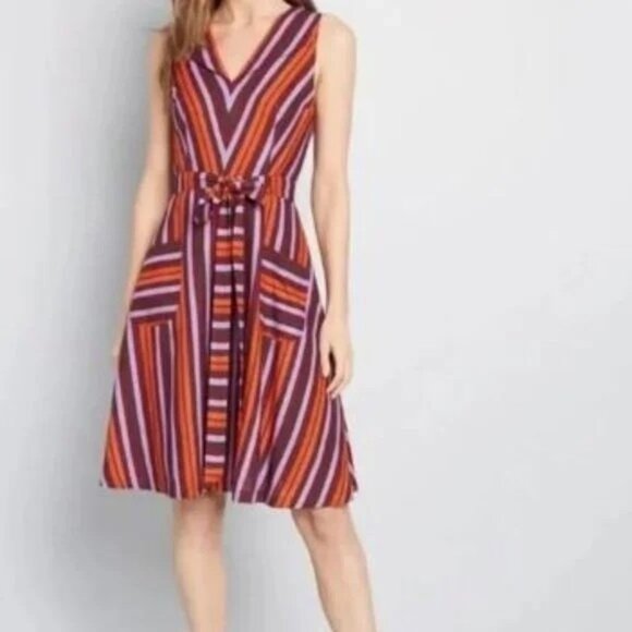 Modcloth dress women's M red purple v neck linen blend sleeveless Retro - Picture 1 of 10